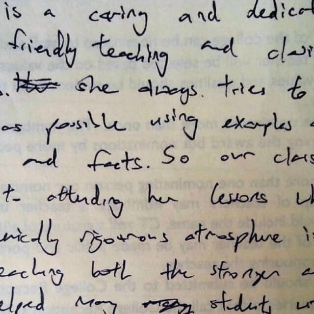 handwritten note from student